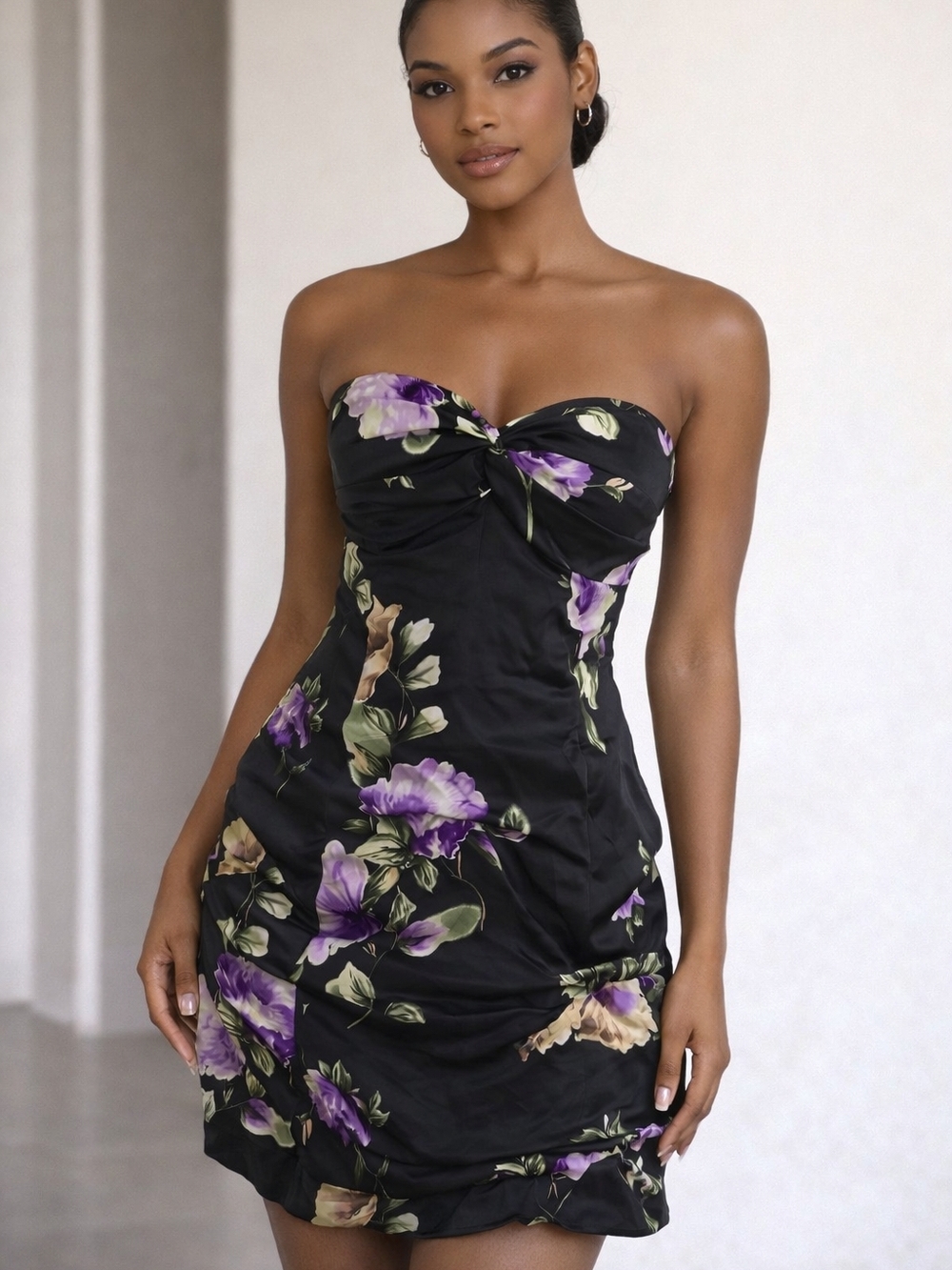 Strapless Black Floral Mini Dress with Purple & Cream Blooms. Size 4.